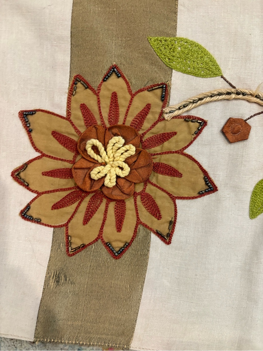 Pier 1 Striped Floral Table Runner in Brown green orange and Cream beads embroid - Picture 4 of 11